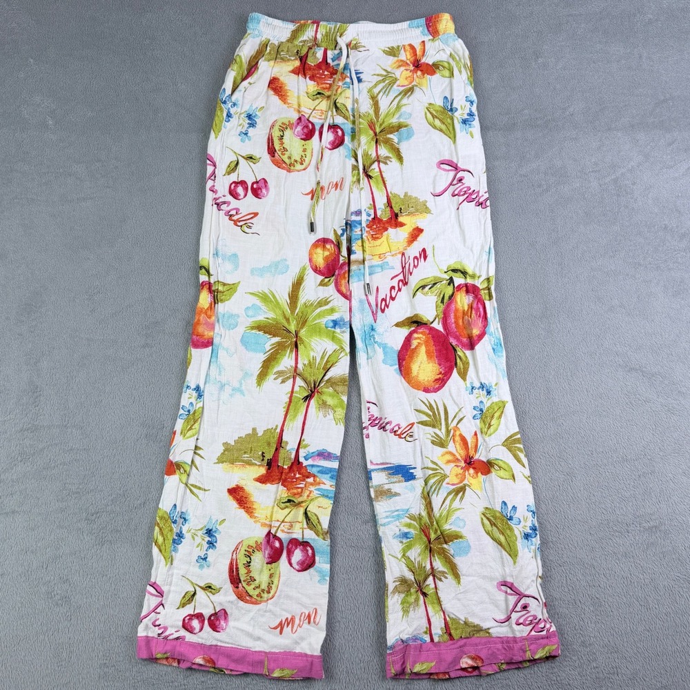 Label of Love Womens Tropical Fruit Palm Tree Print Linen Blend Wide Leg Pants S